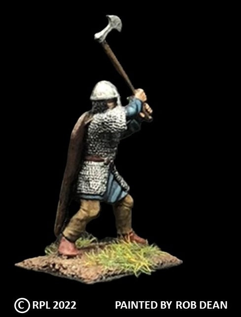 52-1425:  Avalon Men-at-Arms Swinging Great Axe, in Chainmail, with Kite Shield