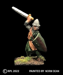 52-1444:  Avalon Men-at-Arms with Sword Overhead and Heater Shield, in Chain and Cloth