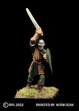 Load image into Gallery viewer, 52-1445: Avalon Men-at-Arms with Sword Overhead and Heater Shield, in Chain and Cloth