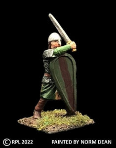 52-1448:  Avalon Men-at-Arms Swinging Sword, in Chainmail, with Kite Shield