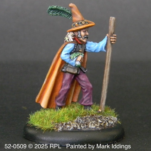 52-0509:  Wizard with Walking Staff and Feather on Hat