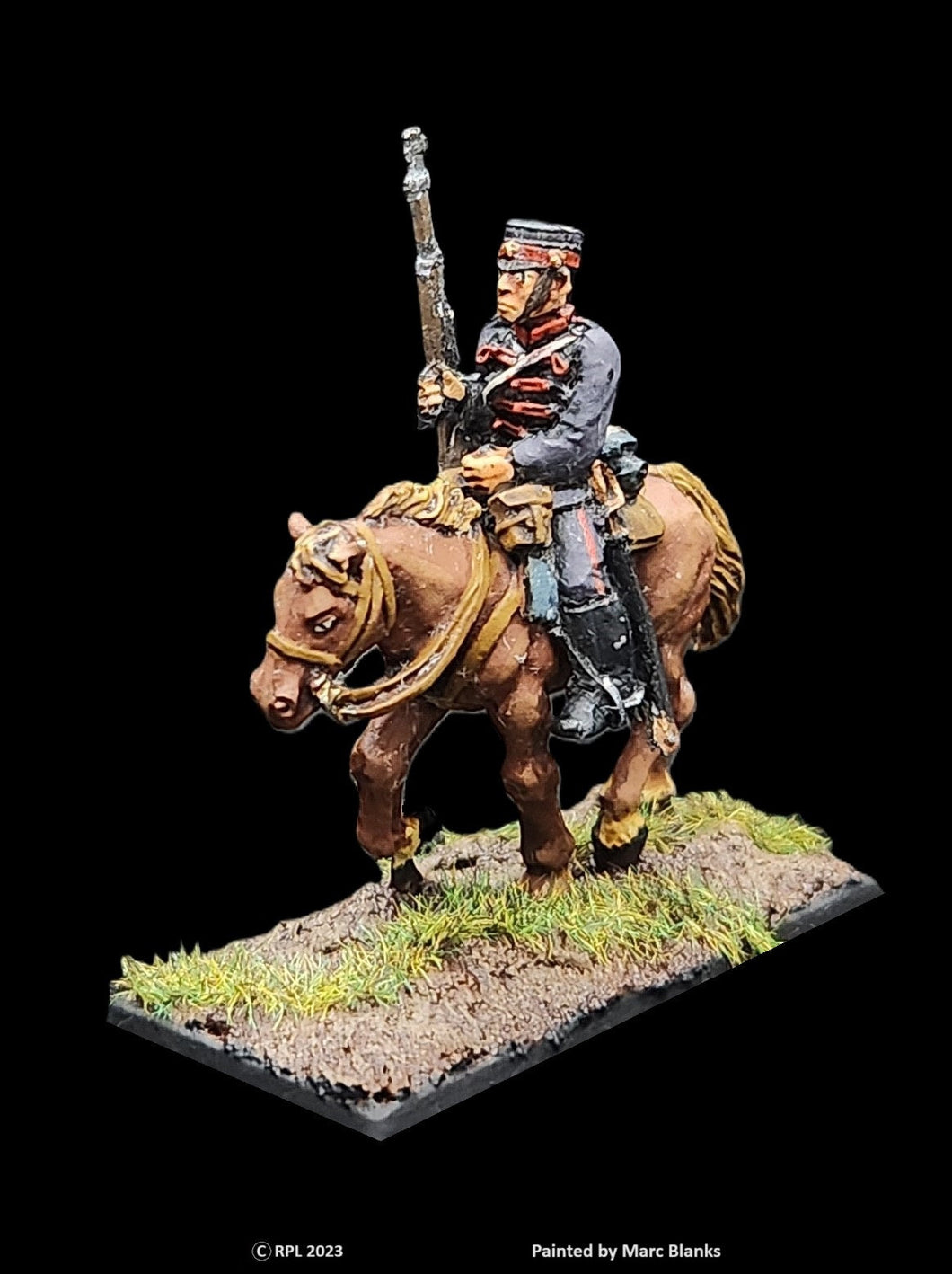 59-5033/48-0488:  Victorian Japanese Cavalryman with Rifle Raised at Side [rider and mount]