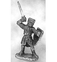 Load image into Gallery viewer, 52-1441:  Avalon Men-at-Arms with Sword Raised in Full Helm with Heater Shield Extended.
