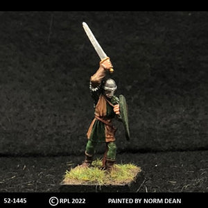 52-1445:  Avalon Men-at-Arms with Sword Overhead and Heater Shield, in Chain and Cloth